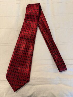 Red Silk  Men's Tie Red and Black Character Pattern